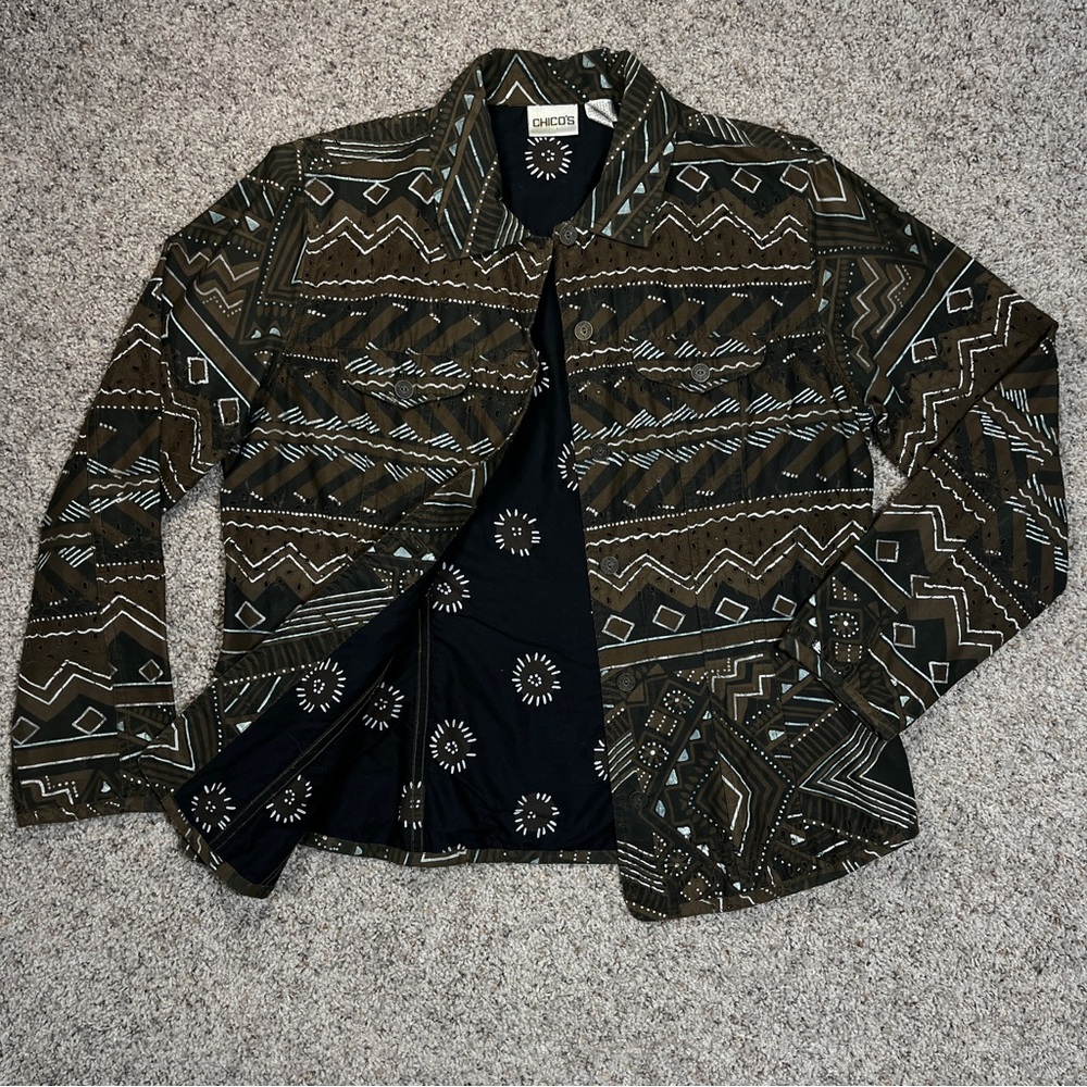 Chico's Brown & Black Patterned Button Jacket size 2 Large